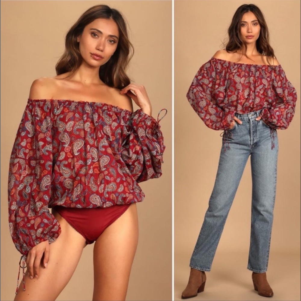 Free People Sundown Paisley Bodysuit Vintage Red Combo
